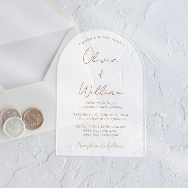Invitations En Acrylique Chic Mariage Arch Script Gold Frosted (Start your forever with elegant arch-shaped acrylic invitations for a timeless Happily Ever After)