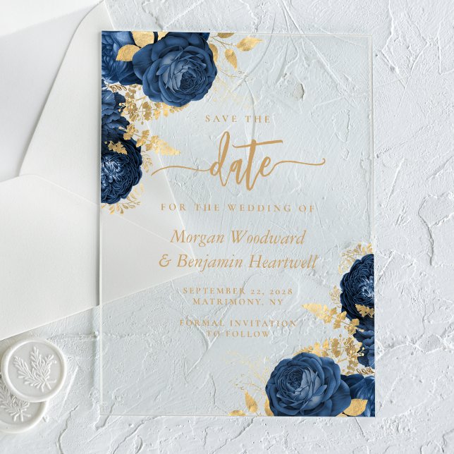 Invitations En Acrylique Chic Navy Blue Gold Floral Wedding Enregistrer la  (Créateur téléchargé)