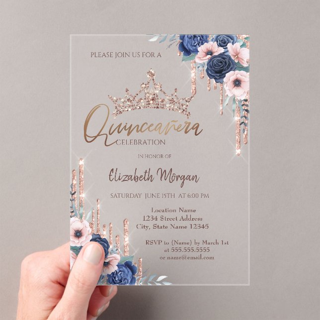 Invitations En Acrylique Chic Parties scintillant Couronne Drop, Blue Roses (In situ (ordinateur de poche))