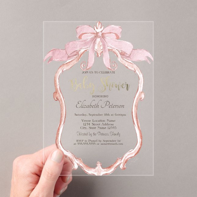 Invitations En Acrylique Chic Pink Bow Retro Frame Baby Shower  (In situ (ordinateur de poche))