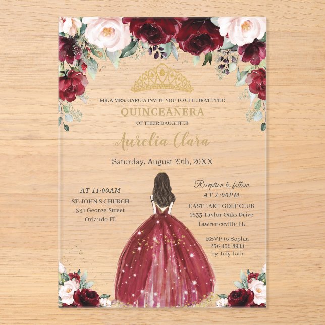 Invitations En Acrylique Chic Quinceanera Burgundy Blush Floral Princess (Recto)