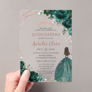 Invitations En Acrylique Chic Quinceañera Emerald Green Floral Rose Gold