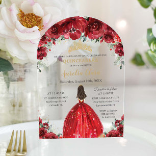 Invitations En Acrylique Chic Quinceañera Rouge Floral Rose Princess Arch