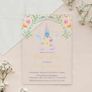 Invitations En Acrylique Chic Rainbow Watercolor Unicorn fête d'anniversair