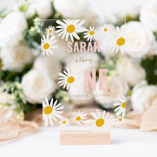 Invitations En Acrylique Chic Retro Rose Daisy Flower 1er anniversaire