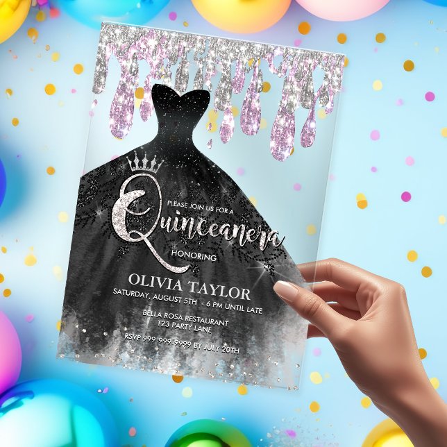 Invitations En Acrylique Chic robe noire cristal rose gouttes Quinceanera (Créateur téléchargé)