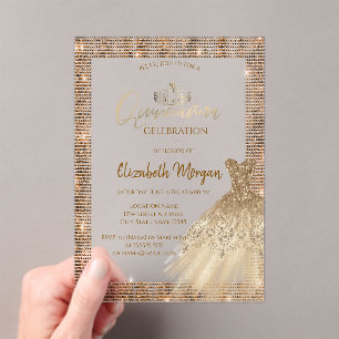 Invitations En Acrylique Chic Robe Vert Or Tiara, Diamonds Quinceañera