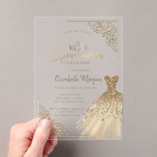 Invitations En Acrylique Chic Robe Vert Or Tiara, Diamonds Quinceañera