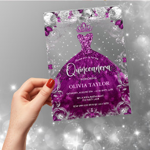 Invitations En Acrylique Chic rose fuchsia robe florale Quinceanera