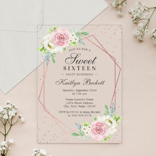 Invitations En Acrylique Chic Rose Gold Foil Floral Sweet 16 Anniversaire