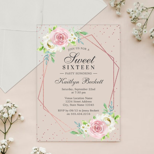 Invitations En Acrylique Chic Rose Gold Foil Floral Sweet 16 Anniversaire (Créateur téléchargé)