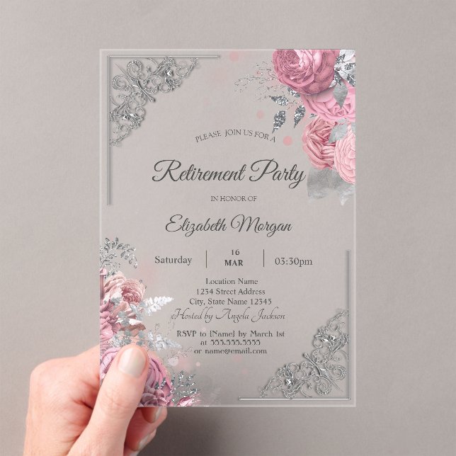 Invitations En Acrylique Chic Roses Flowers Silver Frame Retirement    (In situ (ordinateur de poche))