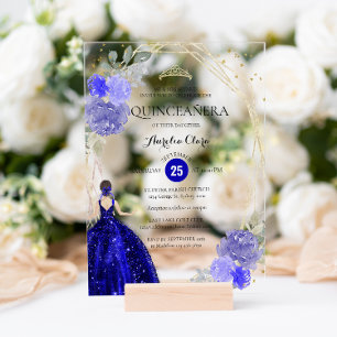 Invitations En Acrylique Chic Royal Blue Floral géométrique Quinceañera