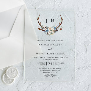 Invitations En Acrylique Chic Rustic Floral Stag Antlers Mariage