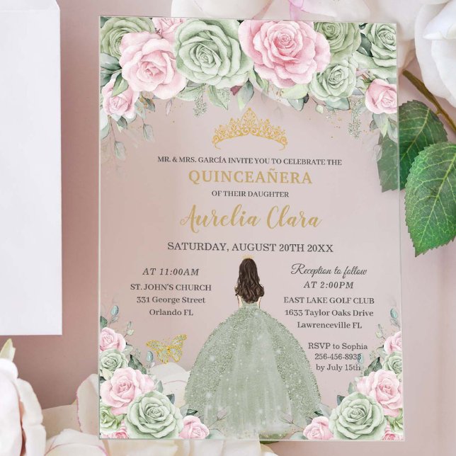 Invitations En Acrylique Chic Sage Green Baby rose Floral or Quinceañera (Créateur téléchargé)