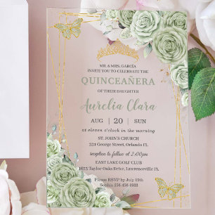 Invitations En Acrylique Chic Sage Green Papillons Floraux Quinceañera
