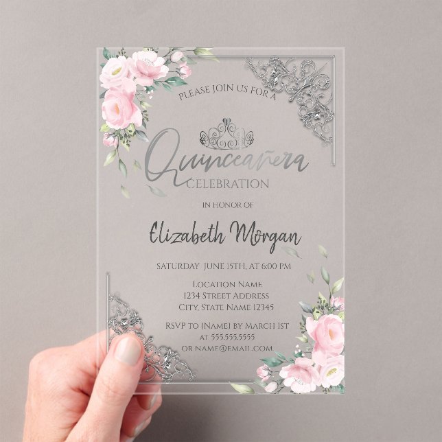 Invitations En Acrylique Chic Silver Tiara,Diamond Pink Flowers Quinceañera (In situ (ordinateur de poche))