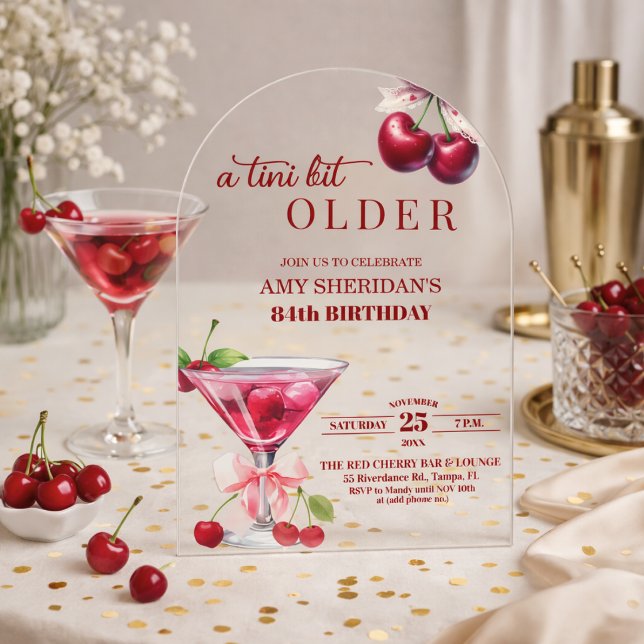 Invitations En Acrylique Chic Un Peu Plus Vieille Martini Cerise 84e Annive (Créateur téléchargé)