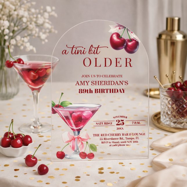 Invitations En Acrylique Chic Un Peu Plus Vieille Martini Cerise 89e Annive (Créateur téléchargé)