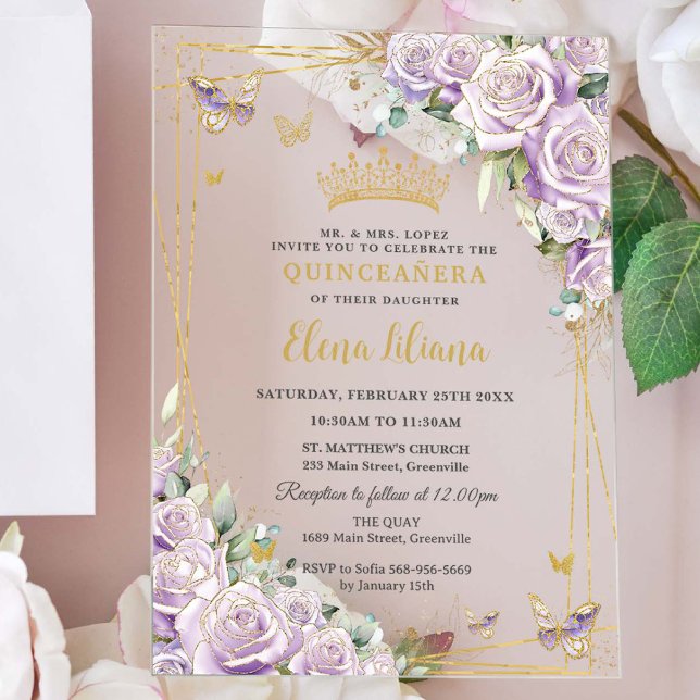 Invitations En Acrylique Chic violet Lilac Roses Floral or Quinceañera XV (Créateur téléchargé)