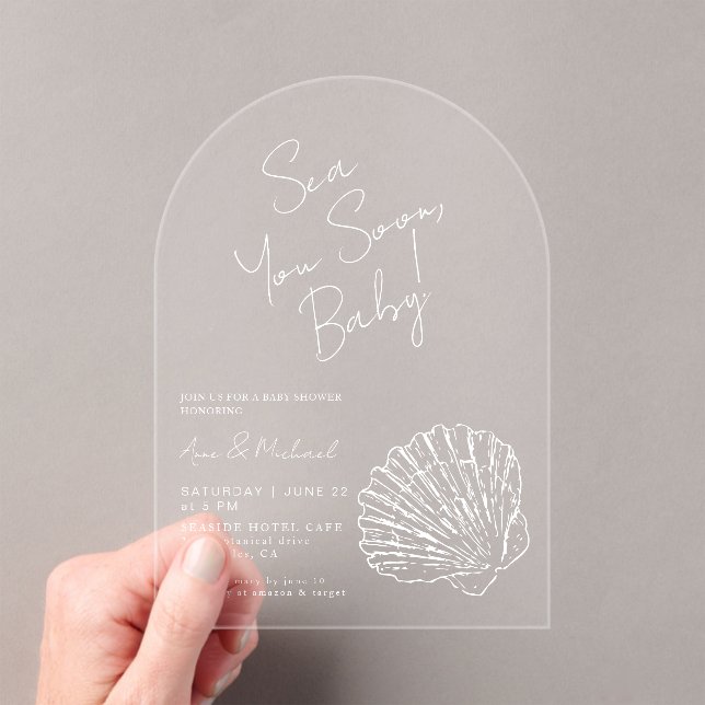 Invitations En Acrylique Chic White Scallop Shell Sea You Soon Baby Shower (In situ (ordinateur de poche))