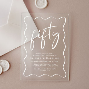 Invitations En Acrylique Chic White Script Wavy Frame 50e fête d'anniversai