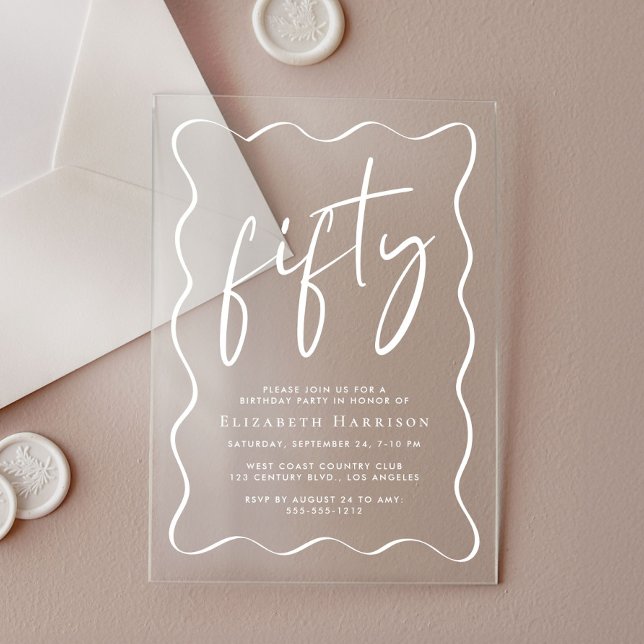 Invitations En Acrylique Chic White Script Wavy Frame 50e fête d'anniversai (Créateur téléchargé)