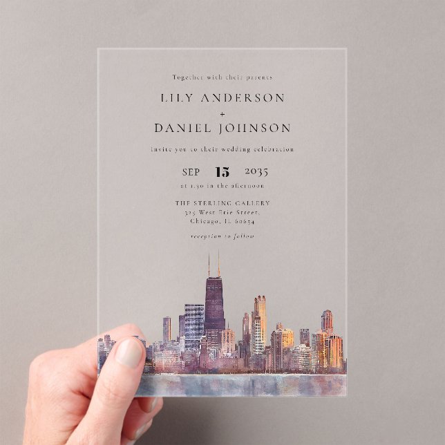 Invitations En Acrylique Chicago Skyline Watercolor Destination Wedding (In situ (ordinateur de poche))