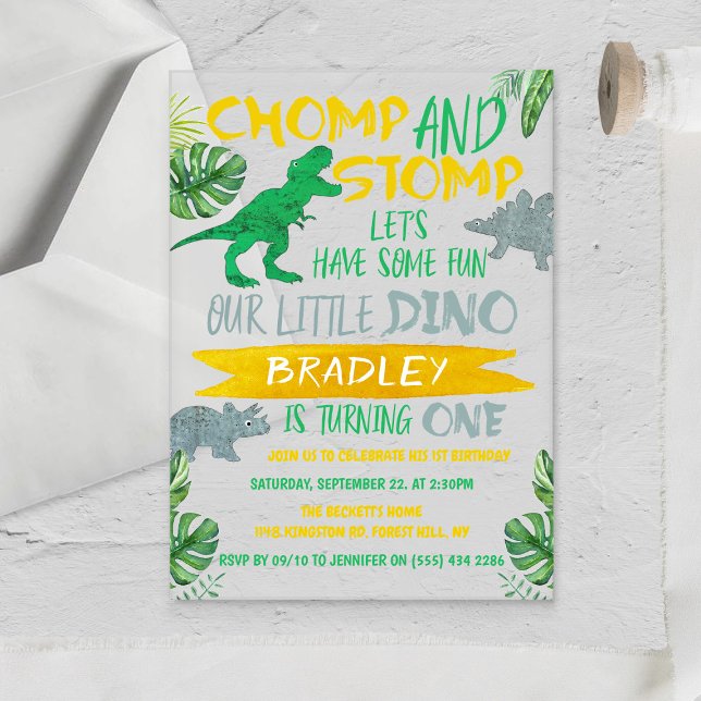 Invitations En Acrylique Chomp & Stomp ! Dinosaur Boys 1er anniversaire (Créateur téléchargé)