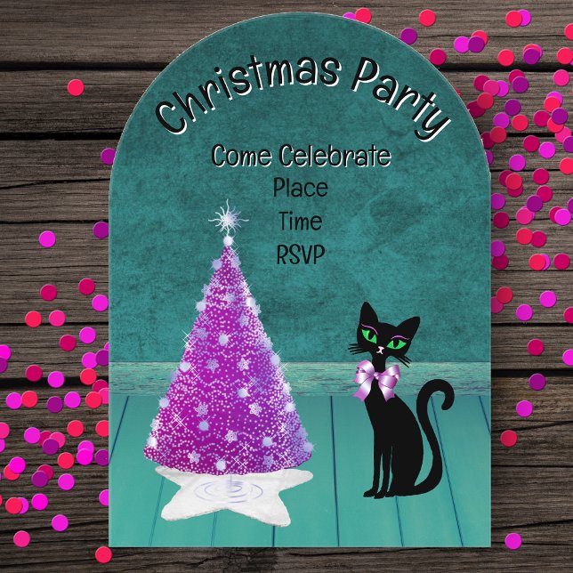 Invitations En Acrylique Christmas Party Pink Tree Black Cat Teal Room (Pink silver tree star rug black cat with bow in teal room on acrylic Christmas party invitations.)