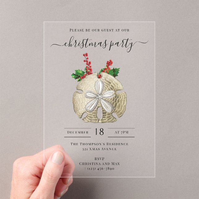 Invitations En Acrylique Christmas Party Sand Dollar Holly Berries Coastal  (In situ (ordinateur de poche))