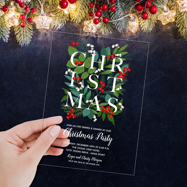 Invitations En Acrylique CHRISTMAS verdure Élégant (Elegant CHRISTMAS typography and greenery ACRYLIC party invitations)