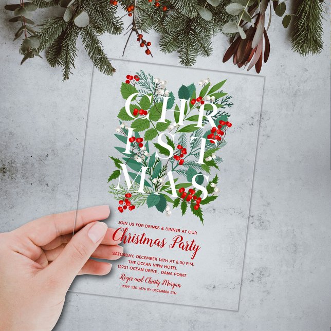 Invitations En Acrylique CHRISTMAS verdure élégante (Elegant CHRISTMAS typography and greenery ACRYLIC party invitations)