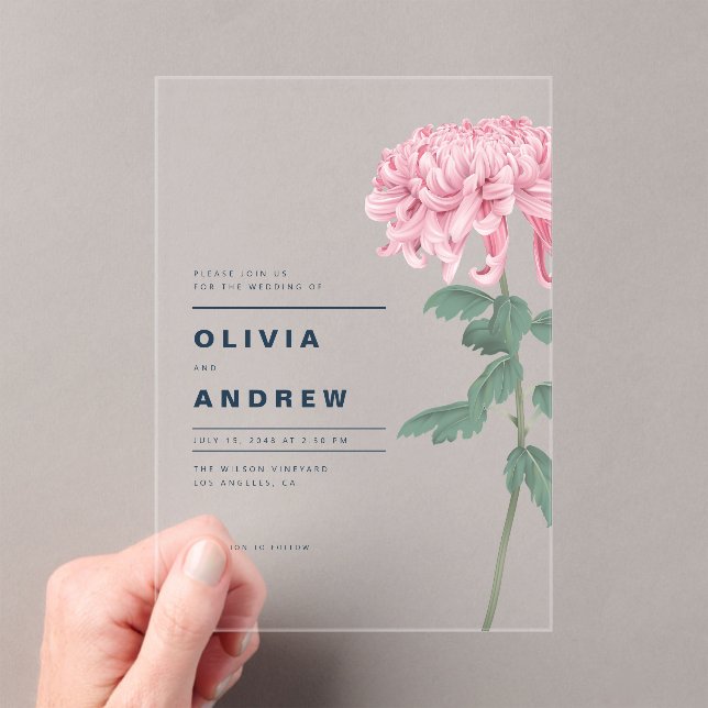 Invitations En Acrylique Chrysanthème rose romantique Mariage botanique (In situ (ordinateur de poche))