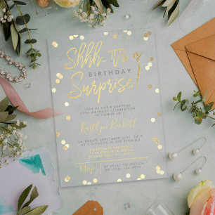 Invitations En Acrylique Chut... Surprise fête d'anniversaire Gold Foil Con
