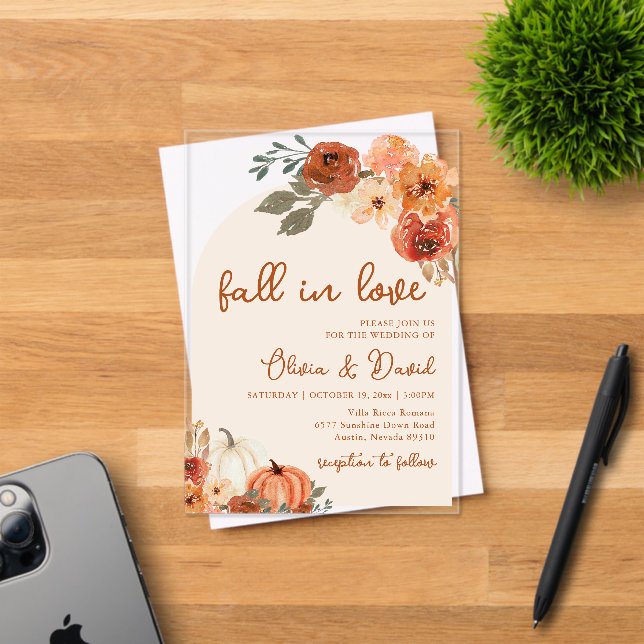 Invitations En Acrylique Chute en Amour Boho Floral Citrouille Automne Mari (Insitu (Carte d'invitation))