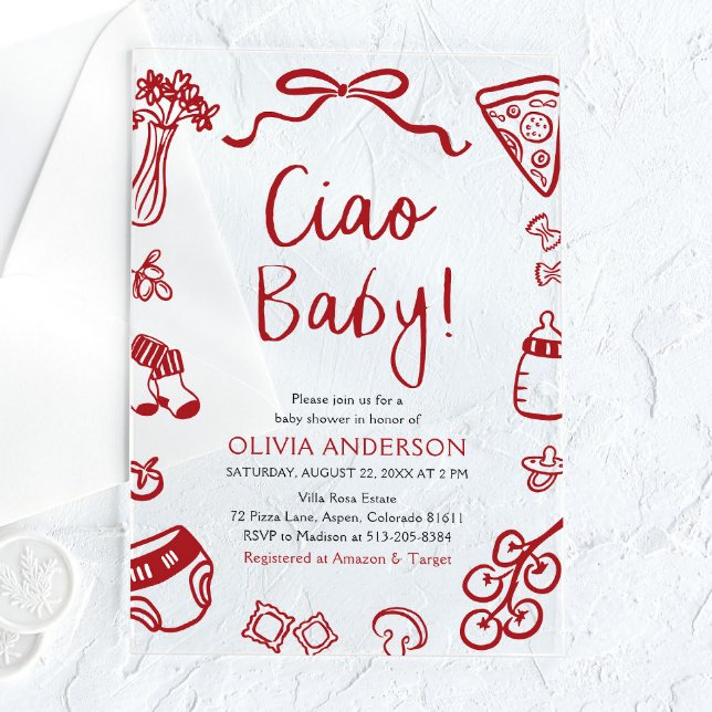 Invitations En Acrylique Ciao Baby Whimsical Italien Pizza Baby shower mign (Ciao Baby Whimsical Italian Pizza Cute Baby Shower Acrylic Invitation)