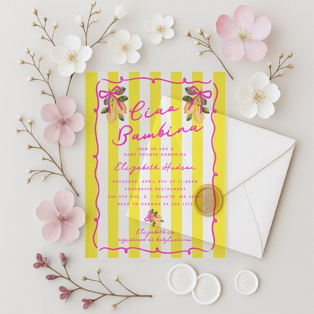 Invitations En Acrylique Ciao Bambina Yellow Stripes Baby Shower Acrylic (Ciao Bambina Yellow Stripes Baby Shower Acrylic Invitations)
