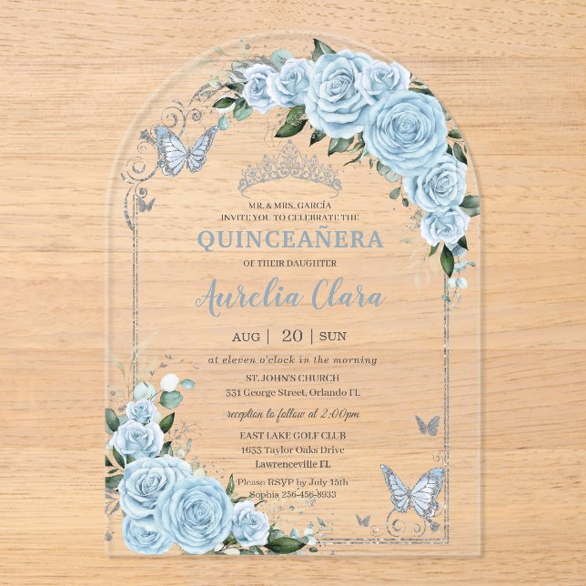 Invitations En Acrylique Ciel bleu clair Rose Floral Quinceañera Sweet 16 1 (Recto)