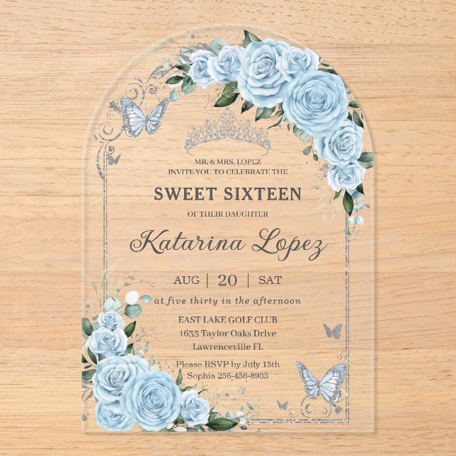 Invitations En Acrylique Ciel bleu clair Rose Floral Sweet 16 15 Quinceañer (Recto)