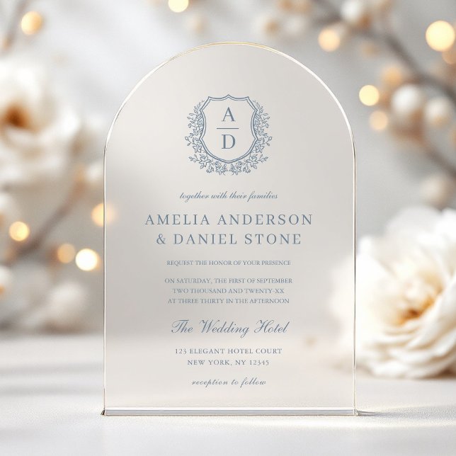 Invitations En Acrylique Cimetière Floral bleu Dusty Monogramme Mariage Élé (Créateur téléchargé)