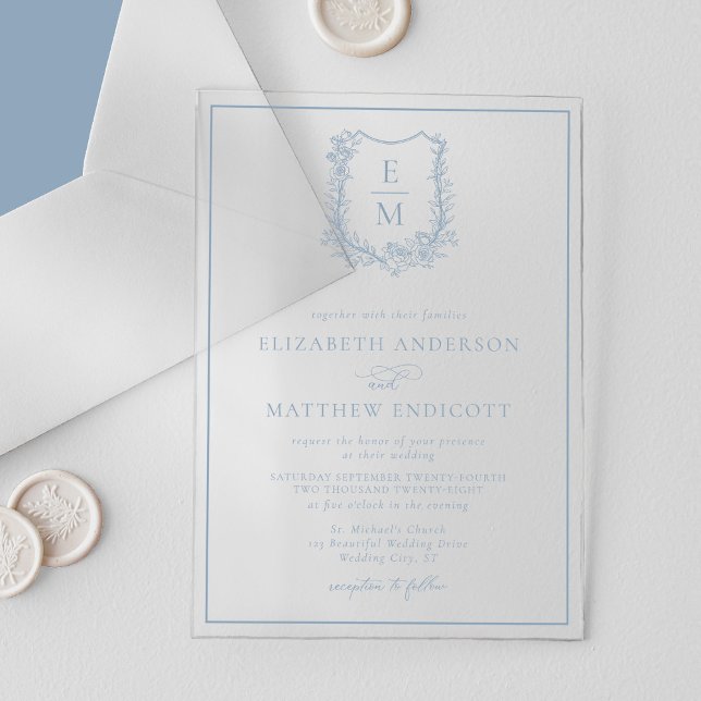 Invitations En Acrylique Cimier Floral Formel Monogram Dusty Blue Mariage (Créateur téléchargé)