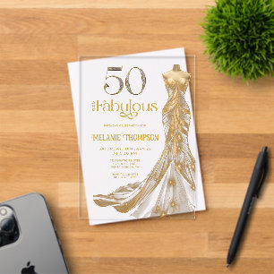 Invitations En Acrylique Cinquante ans et Fabuleux Robe Or Photo 50e Annive