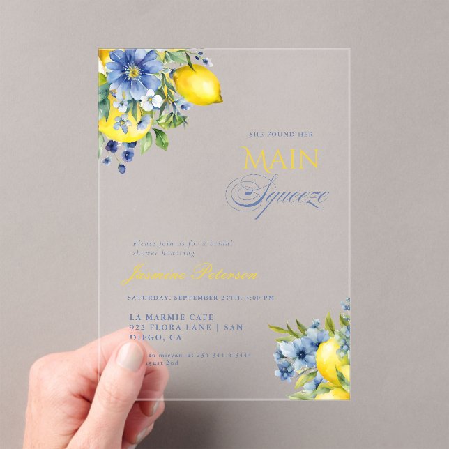 Invitations En Acrylique Citron bleu floral Fête des mariées (In situ (ordinateur de poche))