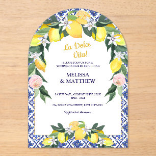 Invitations En Acrylique Citron bleu italien carreaux Couple Wedding shower