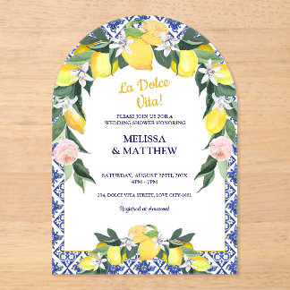 Invitations En Acrylique Citron bleu italien carreaux Couple Wedding shower