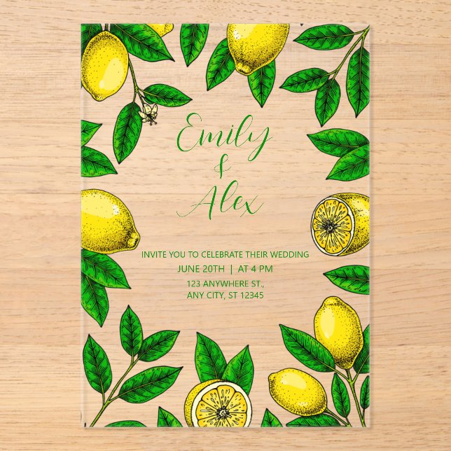 Invitations En Acrylique Citron jaune et verdure feuillage Acrylique Invita (Recto)