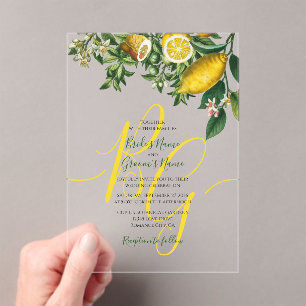 Invitations En Acrylique Citron jaune rustique et feuillage Mariage de verd