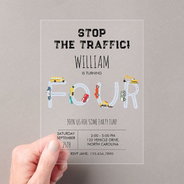Invitations En Acrylique City Transportation Vehicles Truck Four Birthday (In situ (ordinateur de poche))