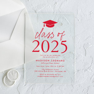 Invitations En Acrylique Classe moderne de 2025 Red Graduation Party
